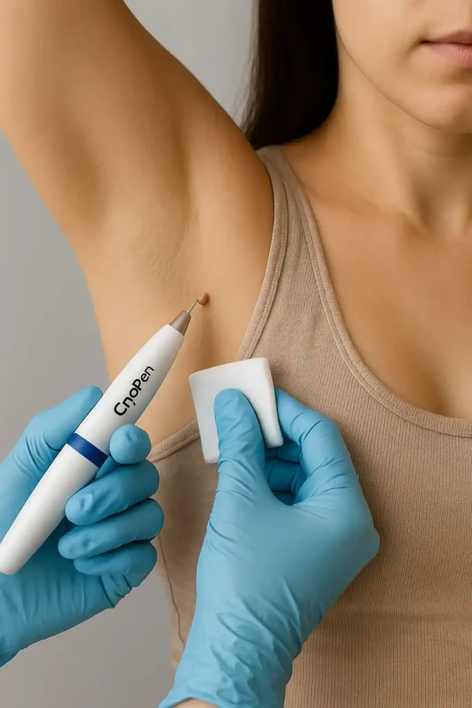 woman having cryopen to remove underarm skin tags Burton upon Trent
