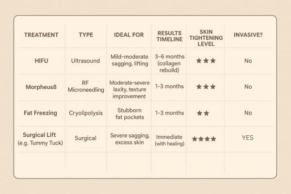 Table showing the comparisons of Skin tightening Burton upon Trent treatment options. 